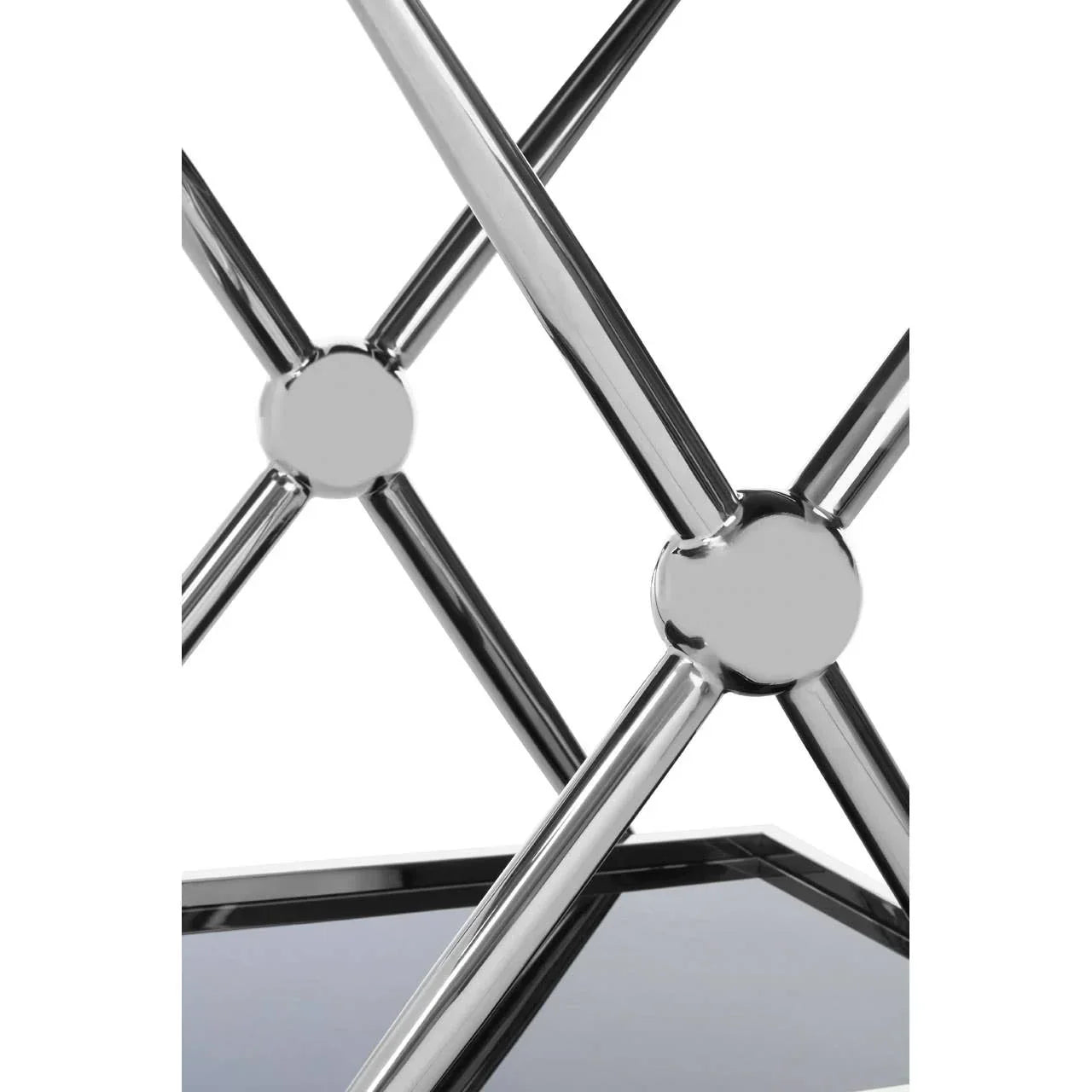 Chrome metal table frame with intersecting rods and glass shelf detail