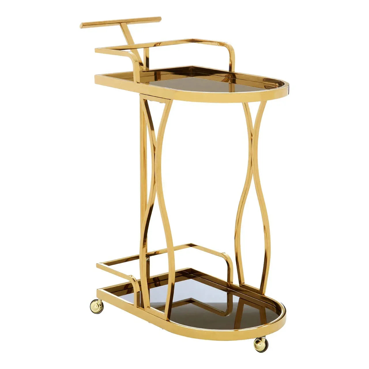 Gold metal drinks trolley with two smoked glass shelves and wheels, side angle view