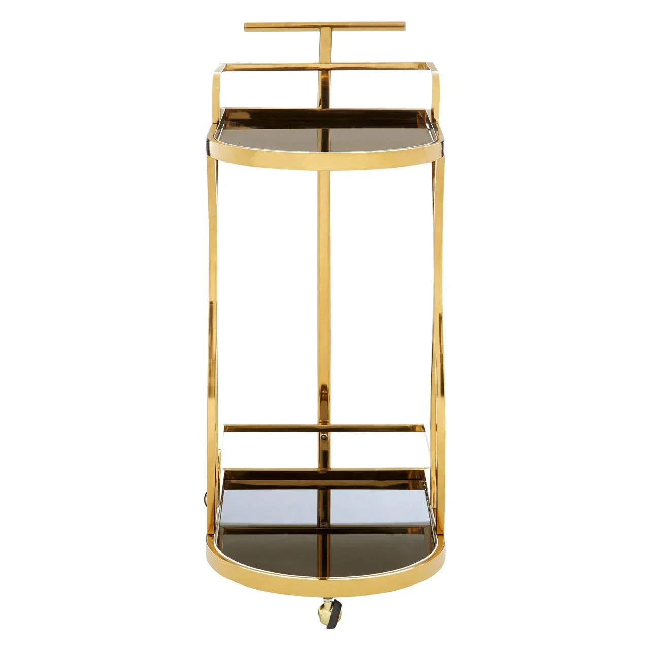 Gold metal drinks trolley with black glass shelves and wheels, front facing view
