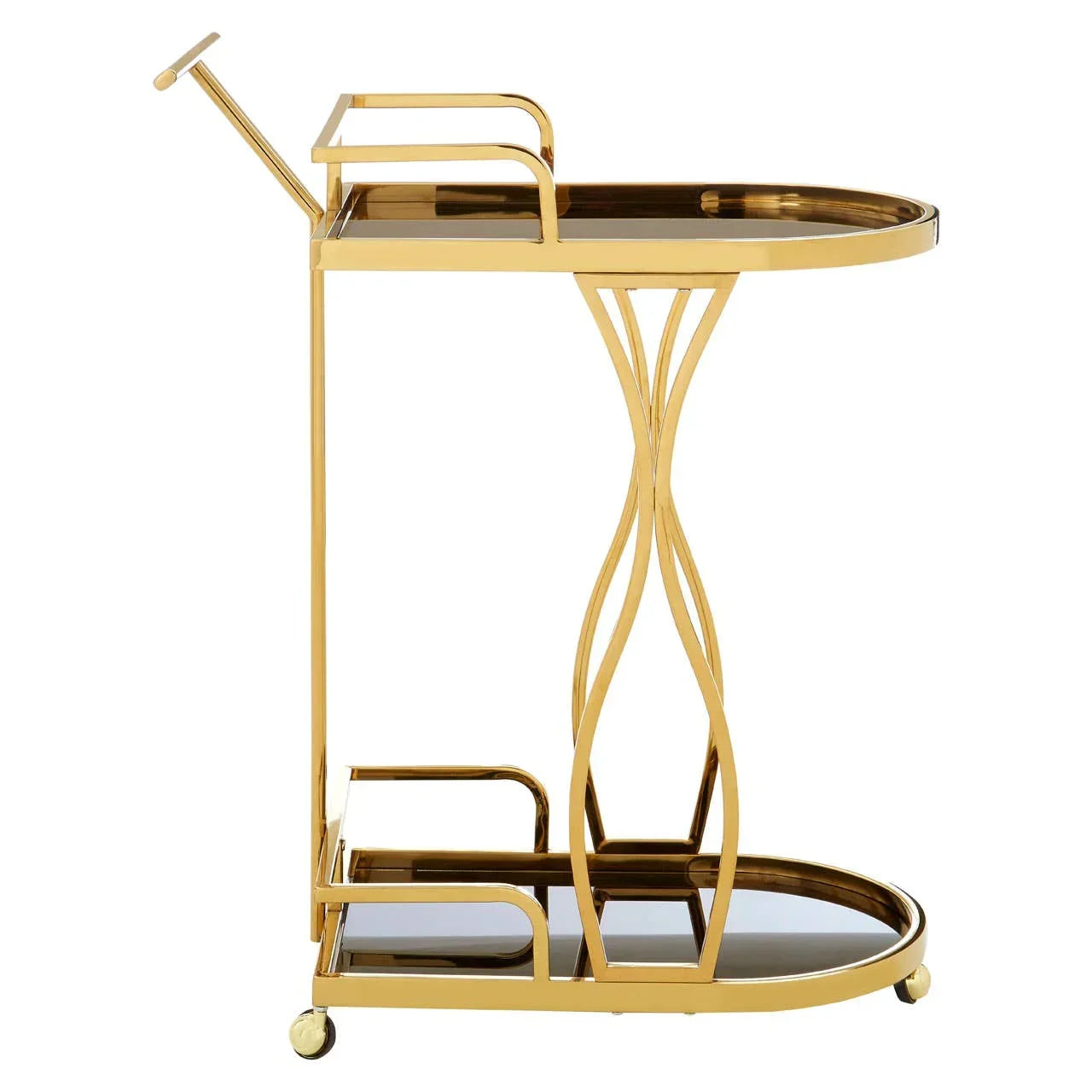Gold metal and glass drinks trolley with curved frame and two-tier shelves on casters