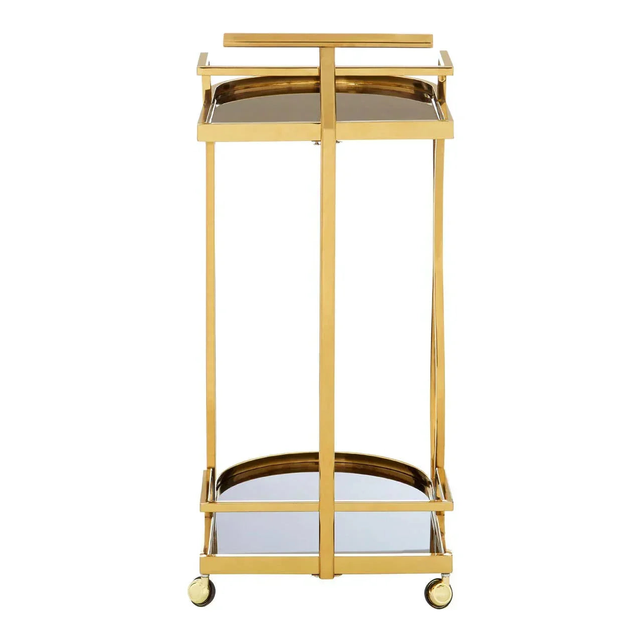 Gold metal bar cart with mirrored shelves and four caster wheels, front angle view