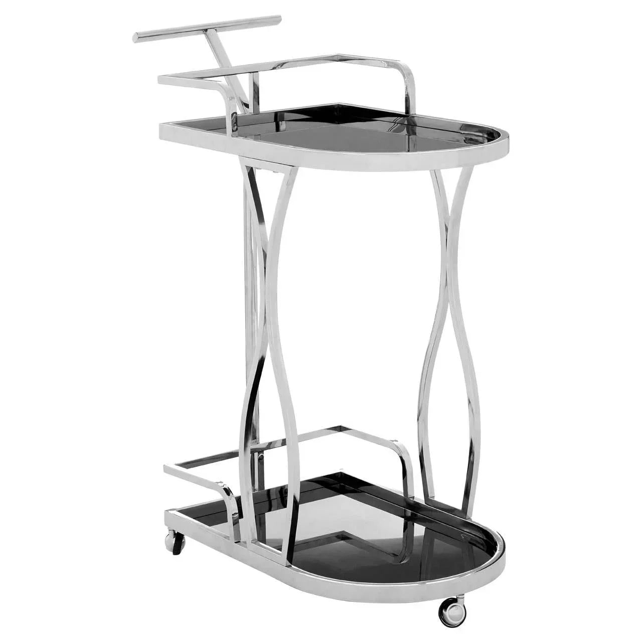 Chrome and black glass drinks trolley with two tiers and curved frame on wheels