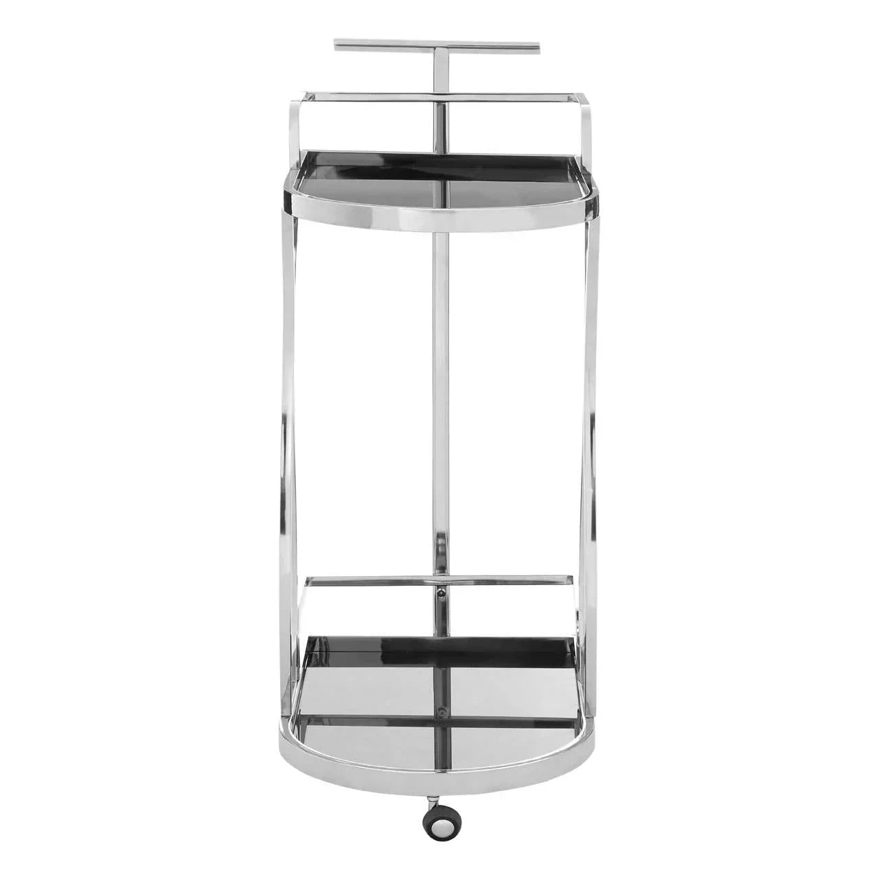 Chrome and glass drinks trolley with two shelves and handle, front view