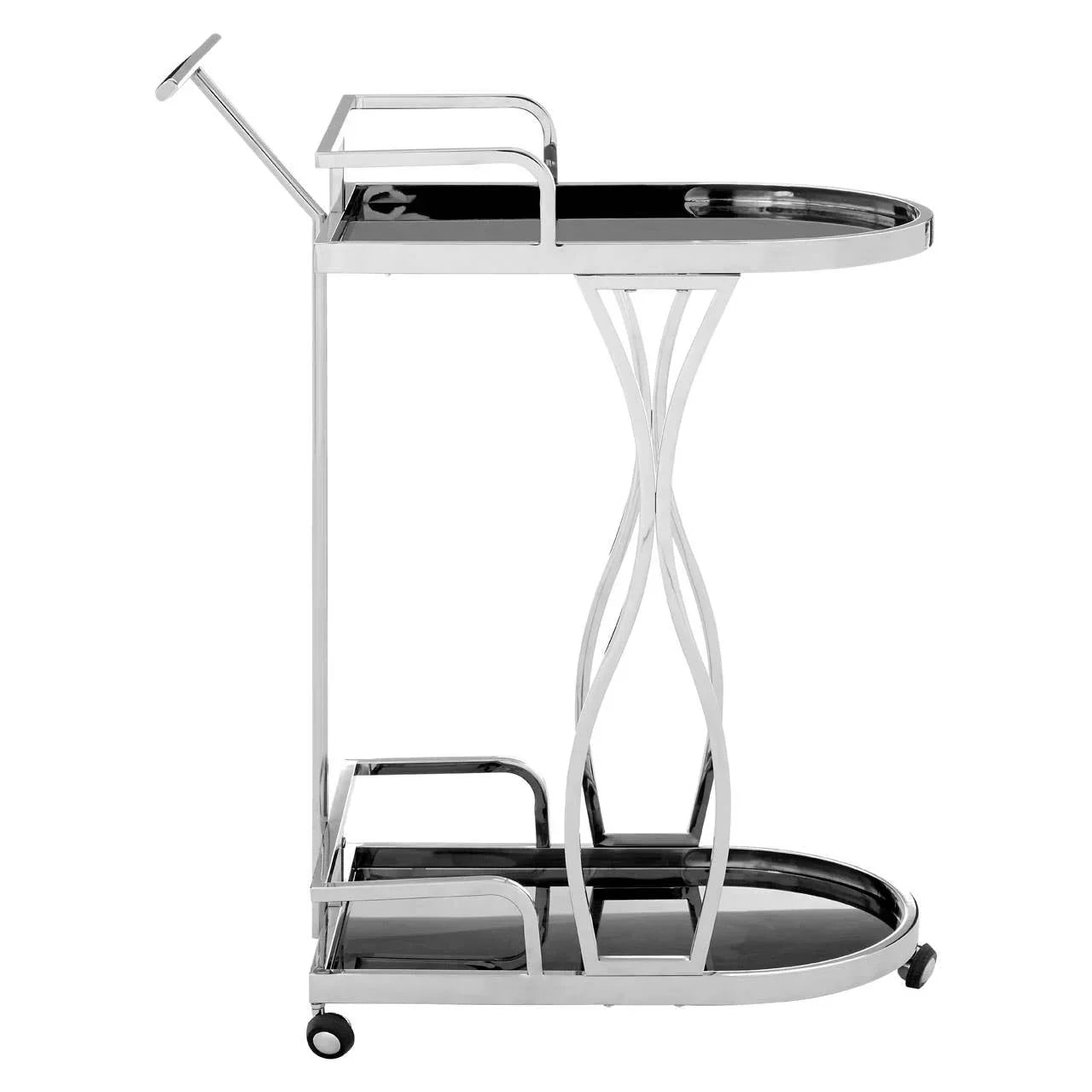 Chrome and black glass drinks trolley with two shelves and wheels, side view