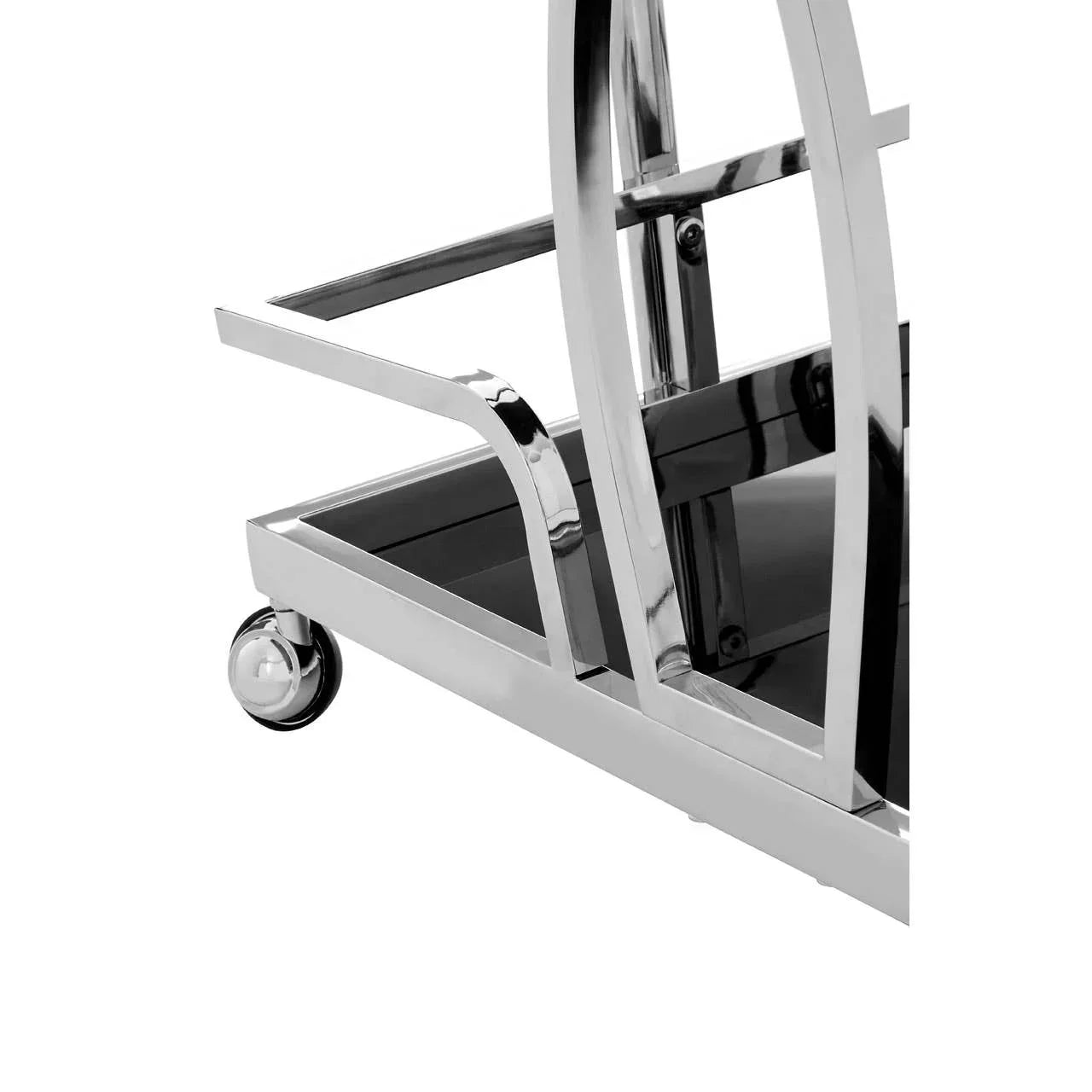 Chrome and glass bar cart lower shelf with caster wheel close-up
