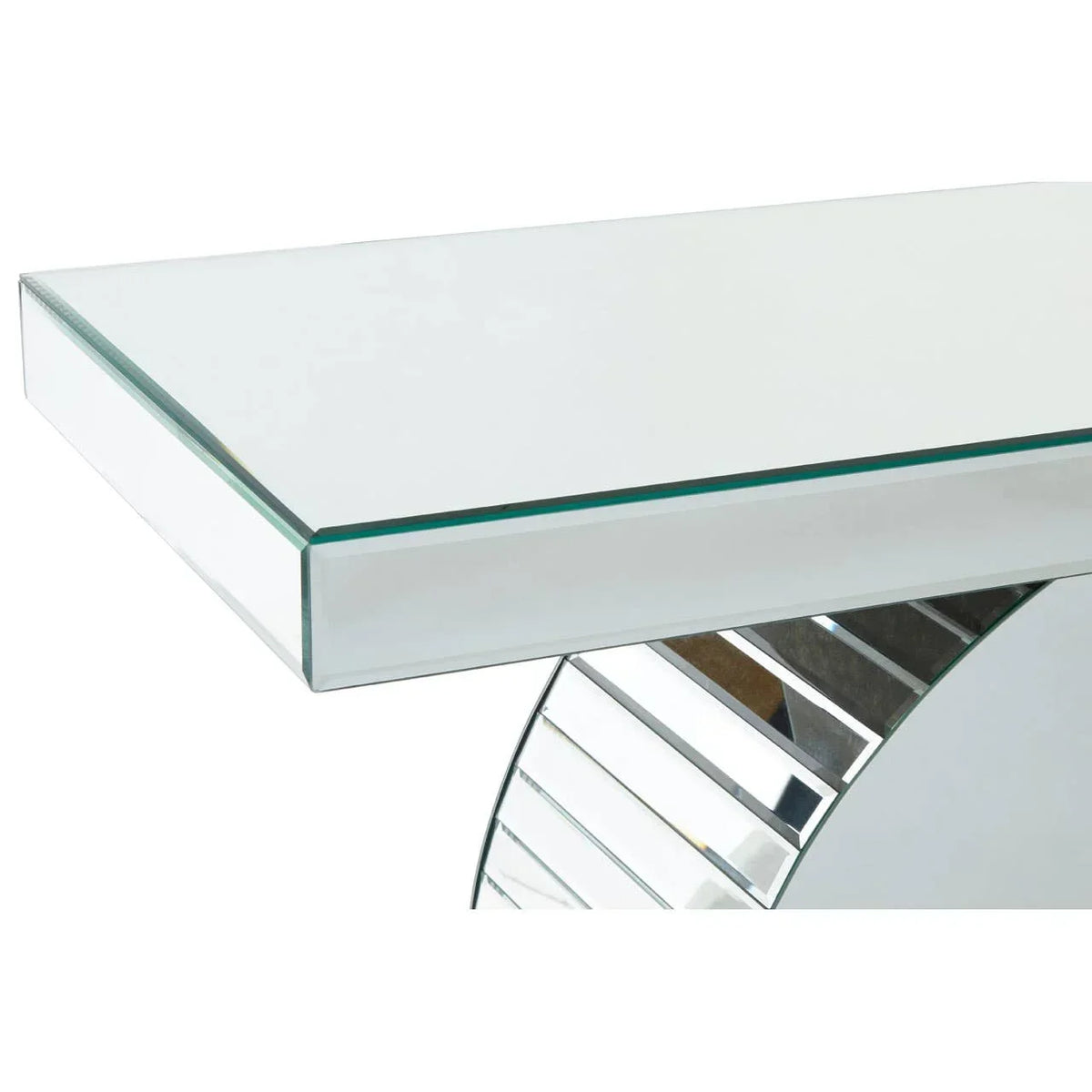 Glass console table with mirrored rectangular top and curved reflective base detail