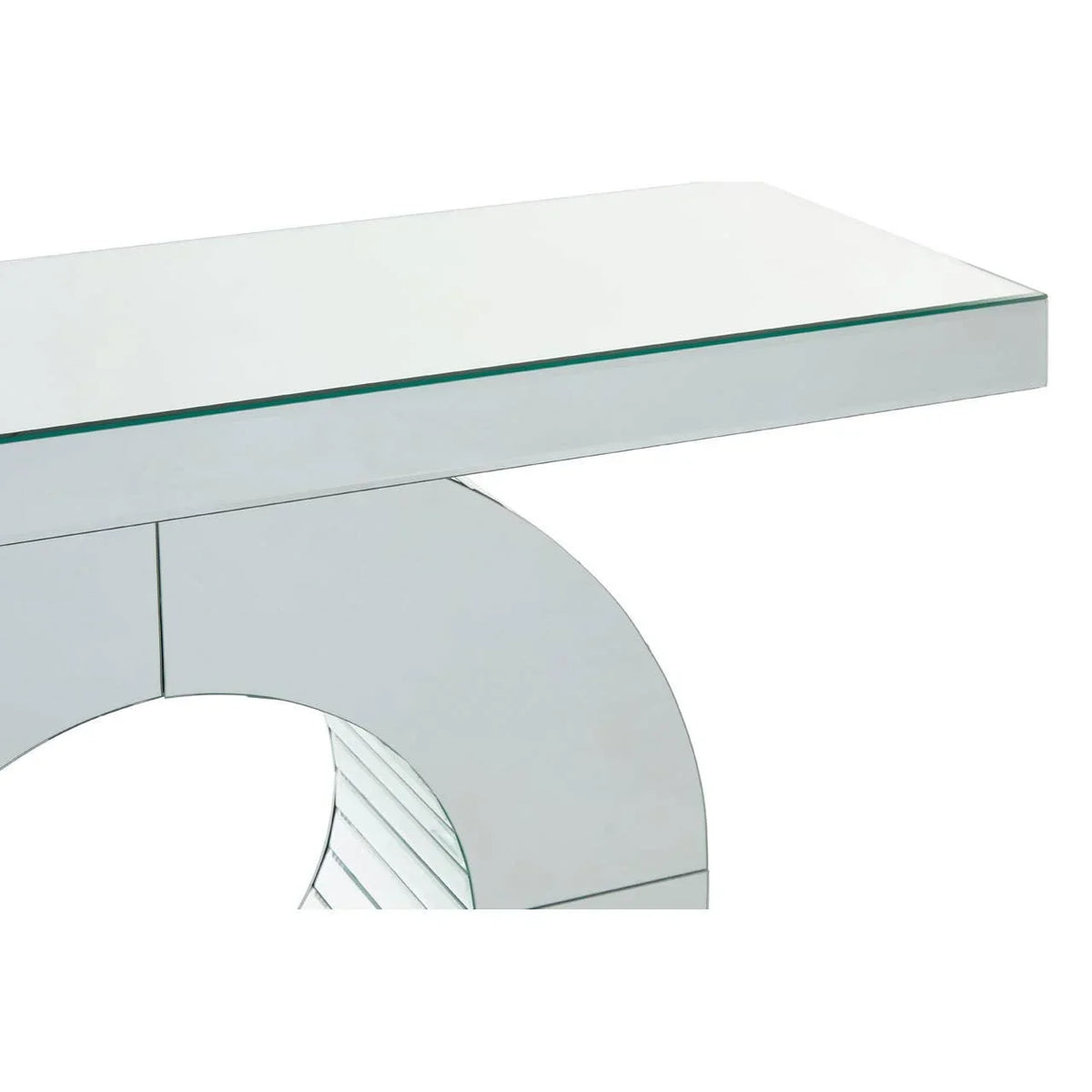 Mirrored console table with rectangular glass top and semi-circular base, side angle view