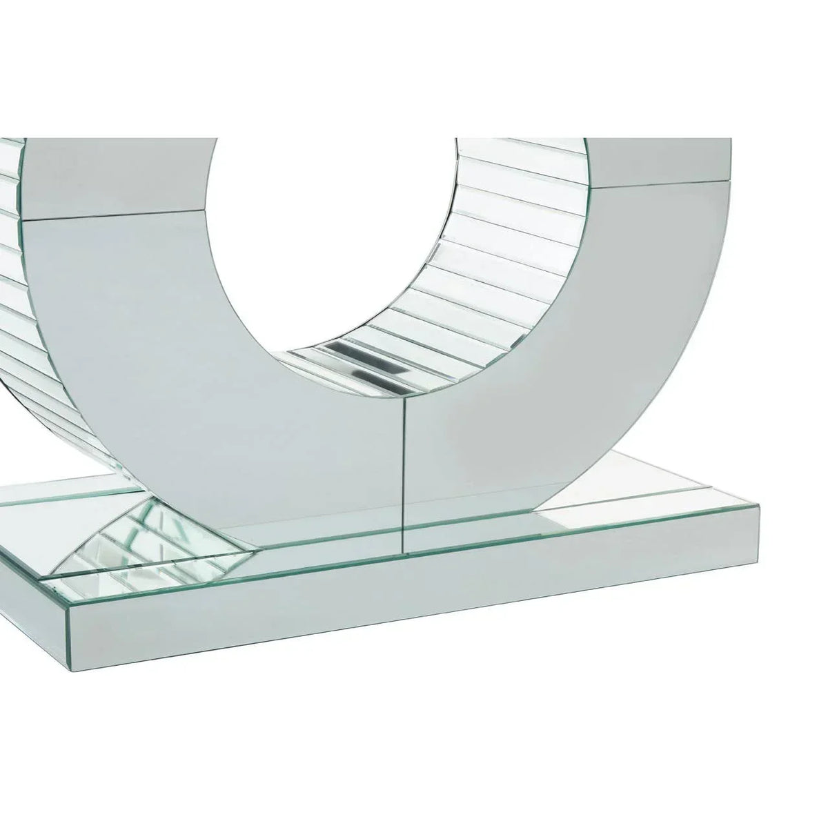 Modern mirrored console table base with geometric circular design and glass panel detailing
