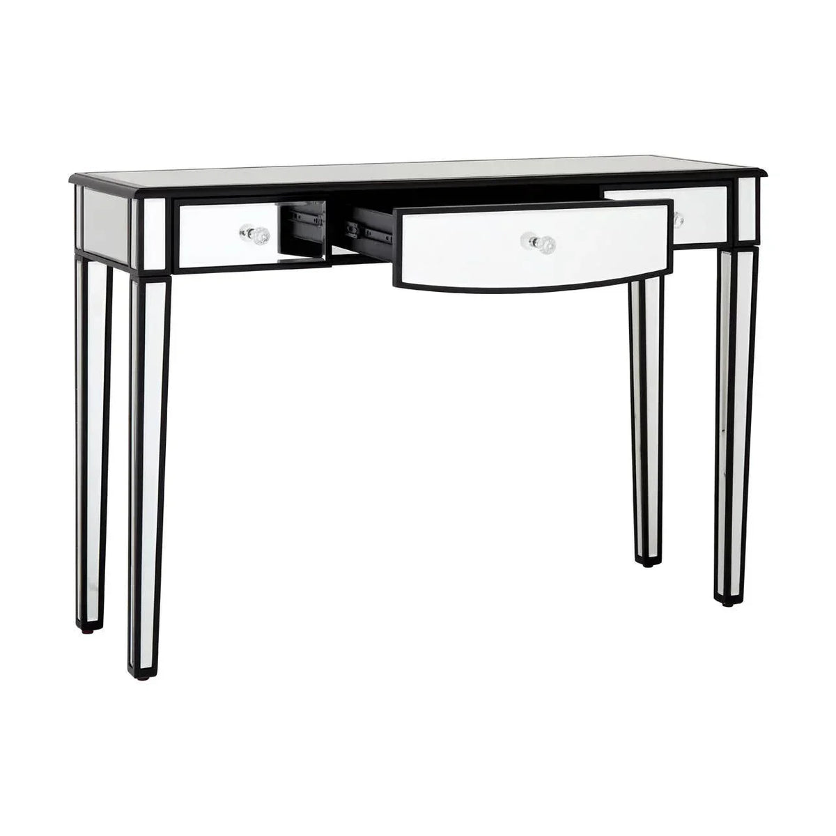 Mirrored console table with black trim and three pull-out drawers, shown at an angle