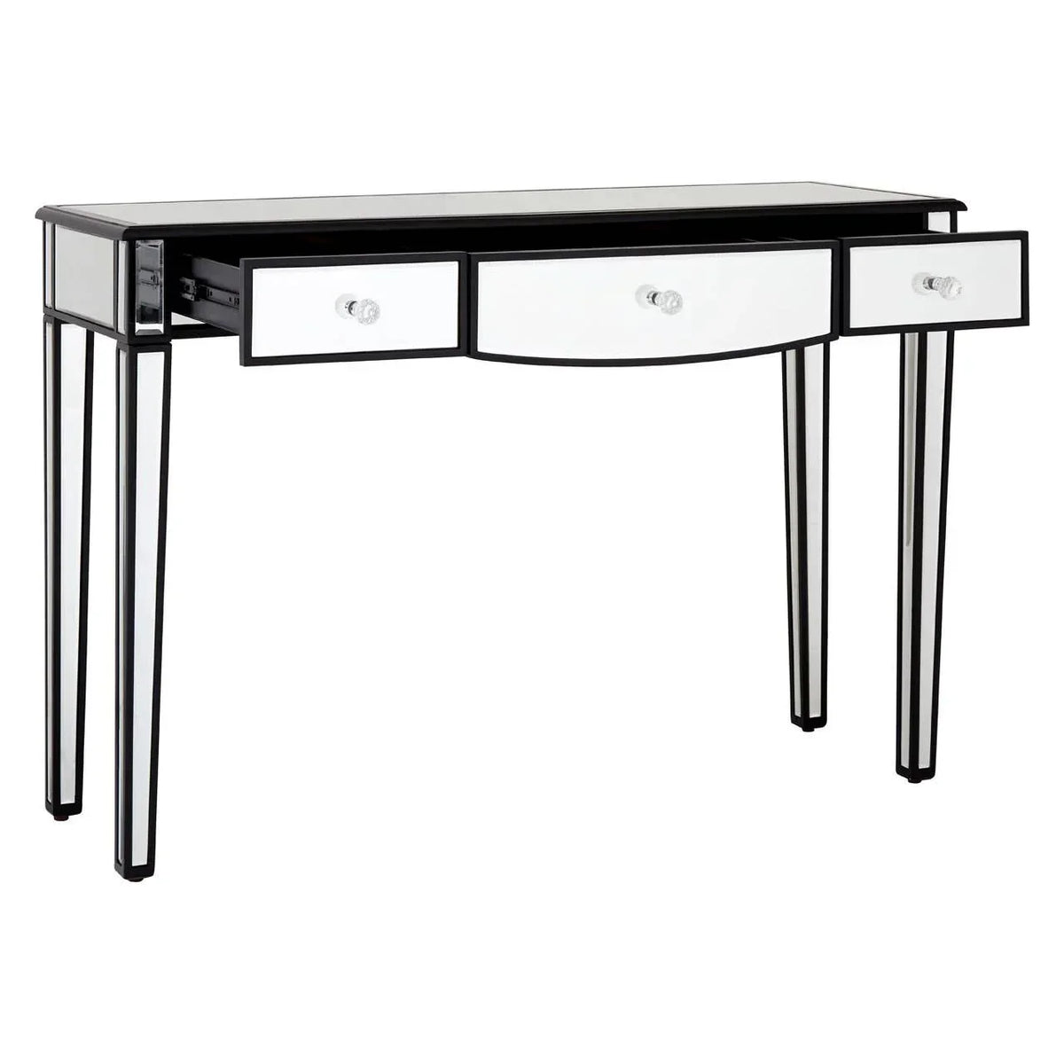 Mirrored console table with three drawers and glass knobs, black trim, front angle view