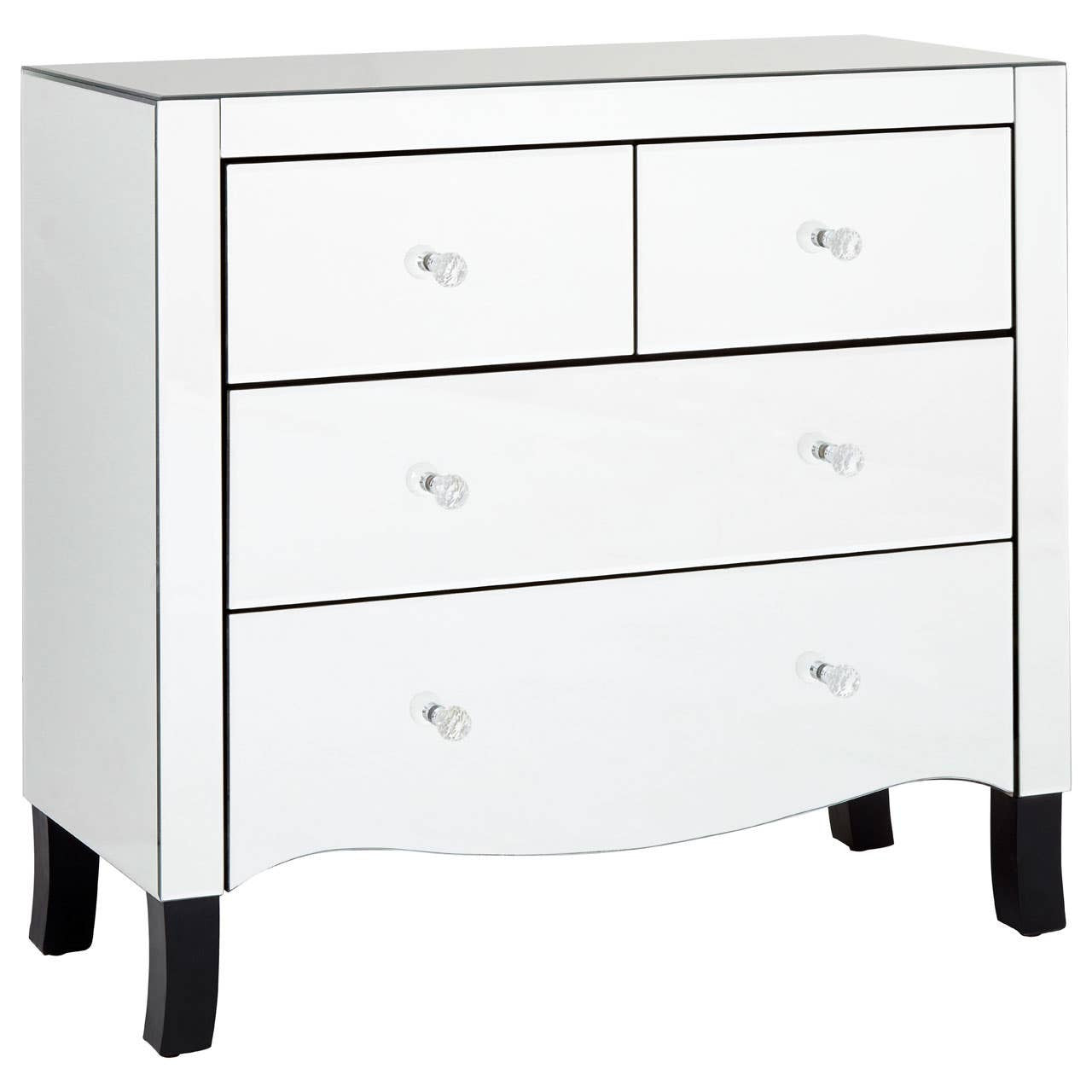 White chest of four drawers featuring a sleek design with a mirror frame. The chest has two smaller top drawers and two larger bottom drawers, each with silver handles. The legs are black, providing a contrast to the white finish. The overall style is modern and elegant, suitable for various home decor settings