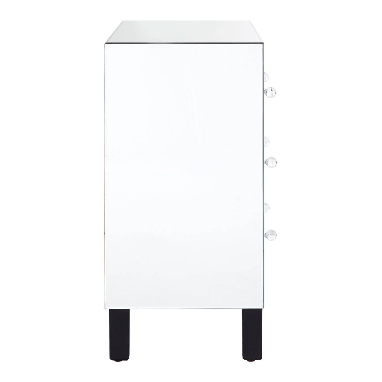White chest of four drawers with a sleek design, featuring a smooth top surface and black legs. The drawers are adorned with simple handles, and the overall finish gives a modern and clean aesthetic