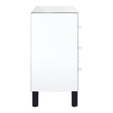 White chest of four drawers with a sleek design, featuring a smooth top surface and black legs. The drawers are adorned with simple handles, and the overall finish gives a modern and clean aesthetic