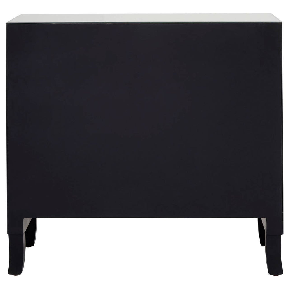 A sleek black chest of four drawers featuring a smooth top surface and elegantly tapered legs, designed to complement any modern home decor. The chest is framed with a mirror, adding a touch of sophistication