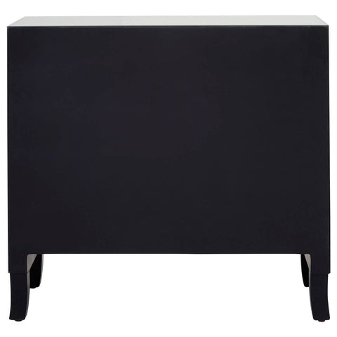 A sleek black chest of four drawers featuring a smooth top surface and elegantly tapered legs, designed to complement any modern home decor. The chest is framed with a mirror, adding a touch of sophistication