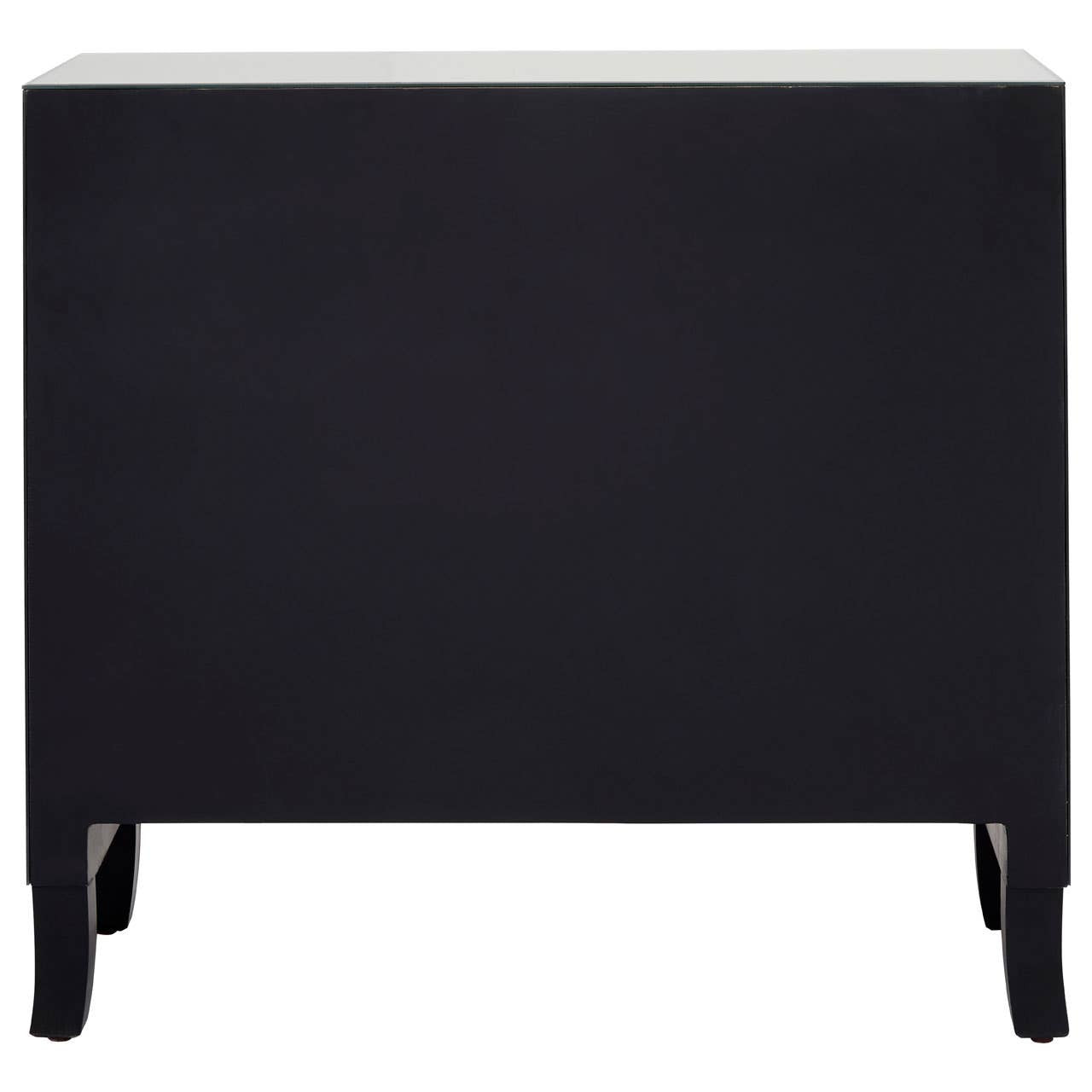 A sleek black chest of four drawers featuring a smooth top surface and elegantly tapered legs, designed to complement any modern home decor. The chest is framed with a mirror, adding a touch of sophistication