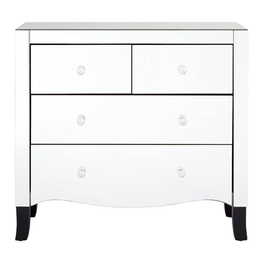 White chest of four drawers featuring a sleek design with a smooth surface, two smaller top drawers and two larger bottom drawers, all equipped with round silver handles. The chest is complemented by a mirror frame, and it stands on short, tapered black legs