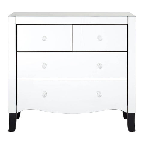 White chest of four drawers featuring a sleek design with a smooth surface, two smaller top drawers and two larger bottom drawers, all equipped with round silver handles. The chest is complemented by a mirror frame, and it stands on short, tapered black legs