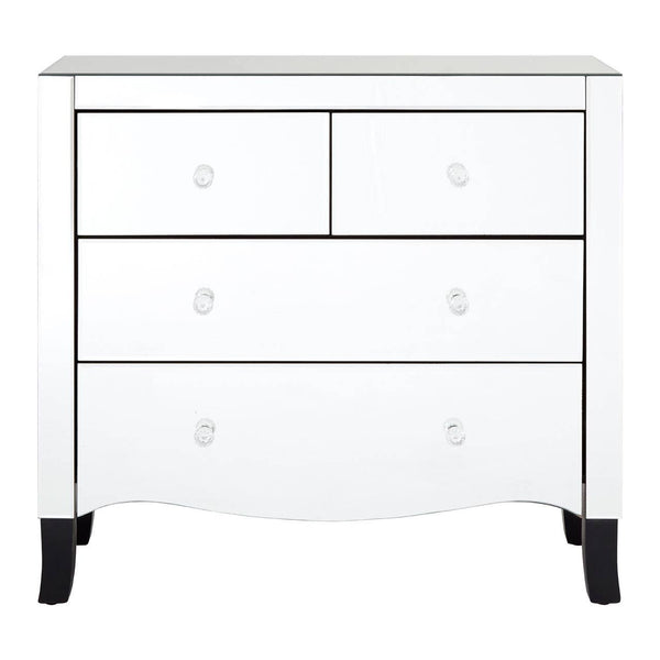 White chest of four drawers featuring a sleek design with a smooth surface, two smaller top drawers and two larger bottom drawers, all equipped with round silver handles. The chest is complemented by a mirror frame, and it stands on short, tapered black legs