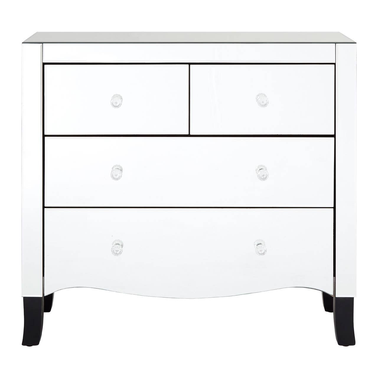 White chest of four drawers featuring a sleek design with a smooth surface, two smaller top drawers and two larger bottom drawers, all equipped with round silver handles. The chest is complemented by a mirror frame, and it stands on short, tapered black legs