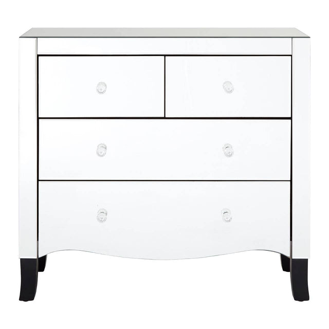 White chest of four drawers featuring a sleek design with a smooth surface, two smaller top drawers and two larger bottom drawers, all equipped with round silver handles. The chest is complemented by a mirror frame, and it stands on short, tapered black legs