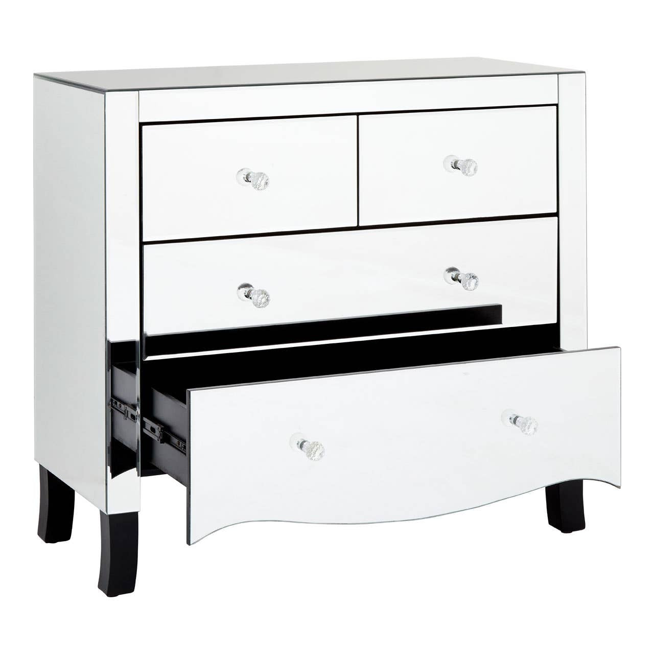 A white chest of four drawers featuring a sleek design with a mirror frame, showcasing three smaller top drawers and one larger bottom drawer partially open, revealing the interior. The chest is supported by short, curved legs