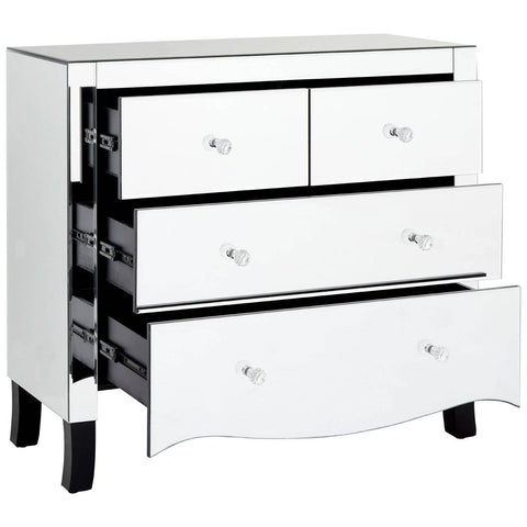 A sleek white chest of four drawers featuring a glossy finish and a mirror frame. The chest has two smaller top drawers and two larger bottom drawers, all with shiny silver handles. The legs are slightly tapered, adding a modern touch to the overall design