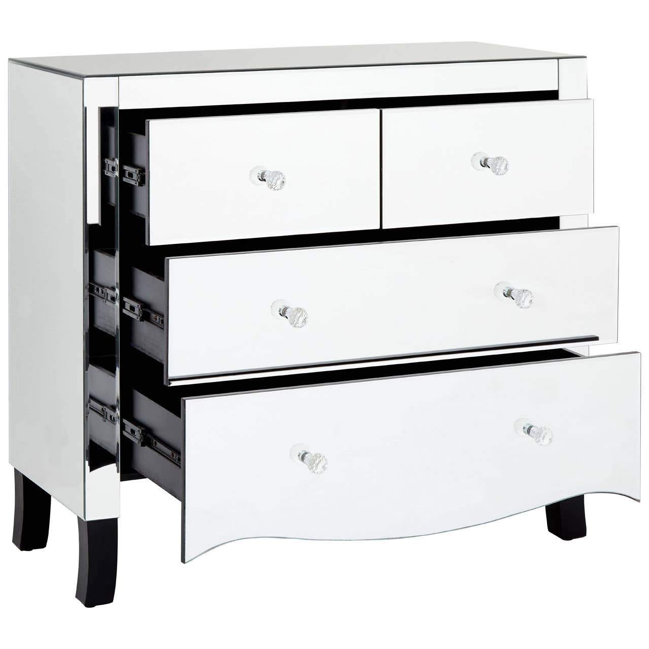 A sleek white chest of four drawers featuring a glossy finish and a mirror frame. The chest has two smaller top drawers and two larger bottom drawers, all with shiny silver handles. The legs are slightly tapered, adding a modern touch to the overall design