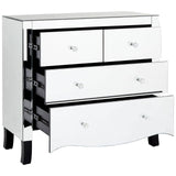 A sleek white chest of four drawers featuring a glossy finish and a mirror frame. The chest has two smaller top drawers and two larger bottom drawers, all with shiny silver handles. The legs are slightly tapered, adding a modern touch to the overall design