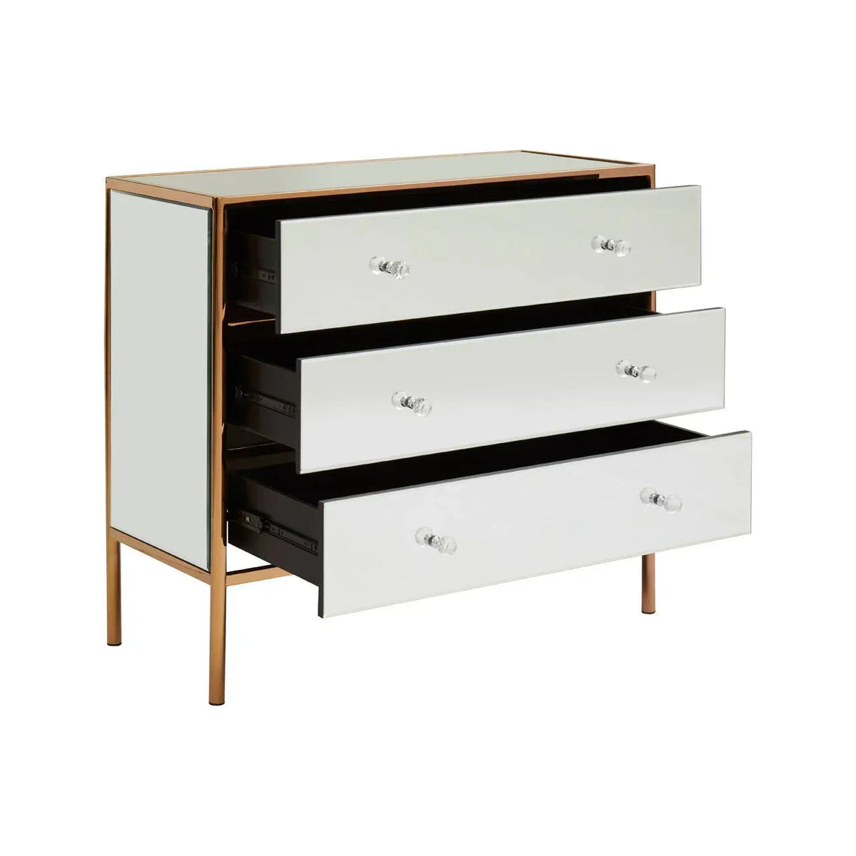 Mirrored chest of drawers with glass fronts and gold frame, drawers open, angled view