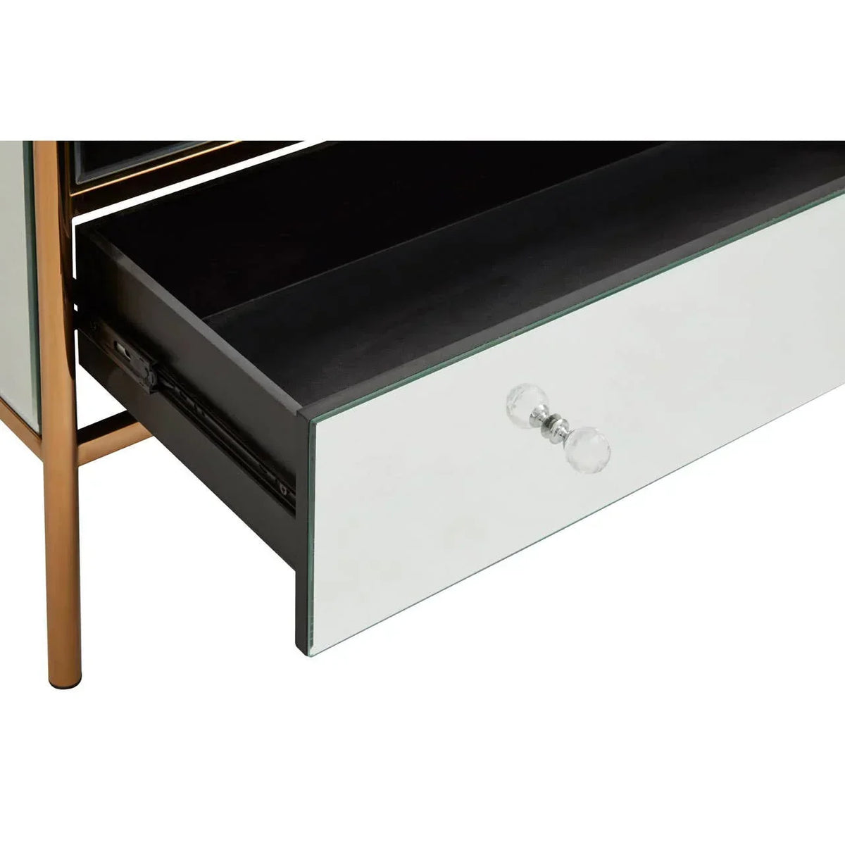 Mirrored drawer unit with gold frame and glass knob, drawer fully extended