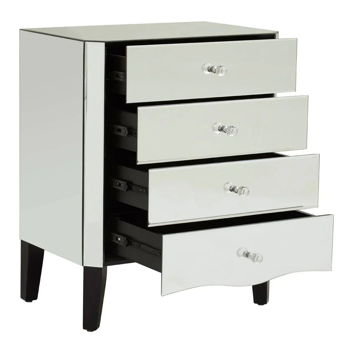 Mirrored chest of drawers with four glass drawer fronts and crystal handles