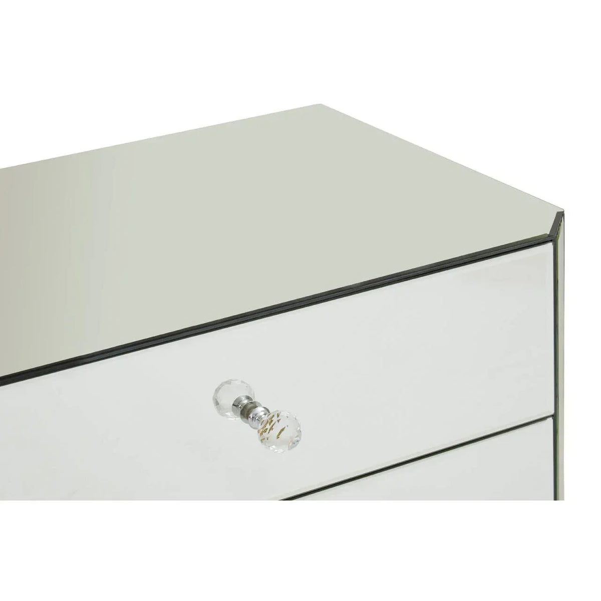 Mirrored bedside table corner with glass drawer front and crystal handle