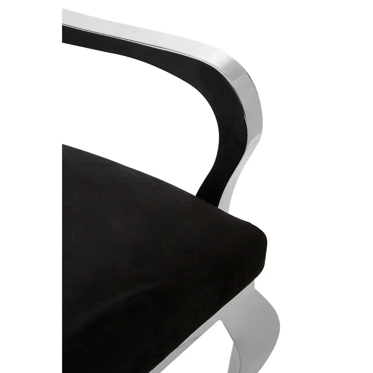 Chrome dining chair armrest with black upholstered seat, close-up angle
