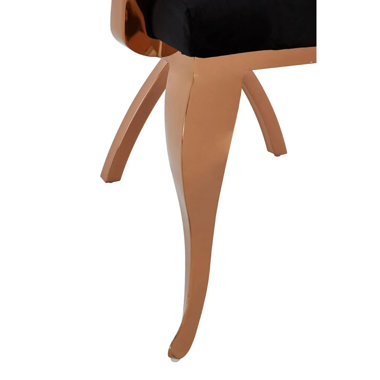 Rose gold dining chair curved metal legs with black seat closeup