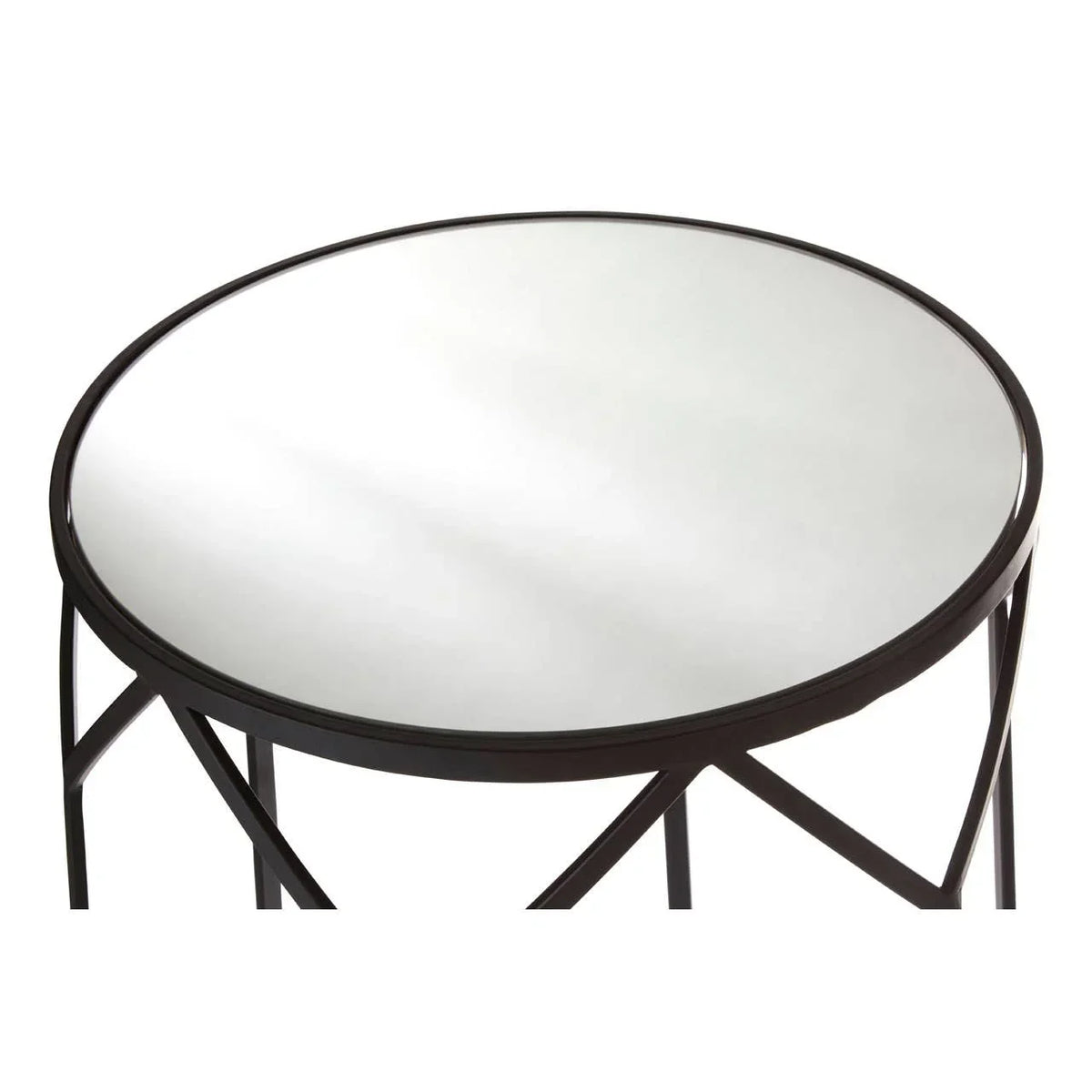 Round glass top side table with black metal frame and geometric base design