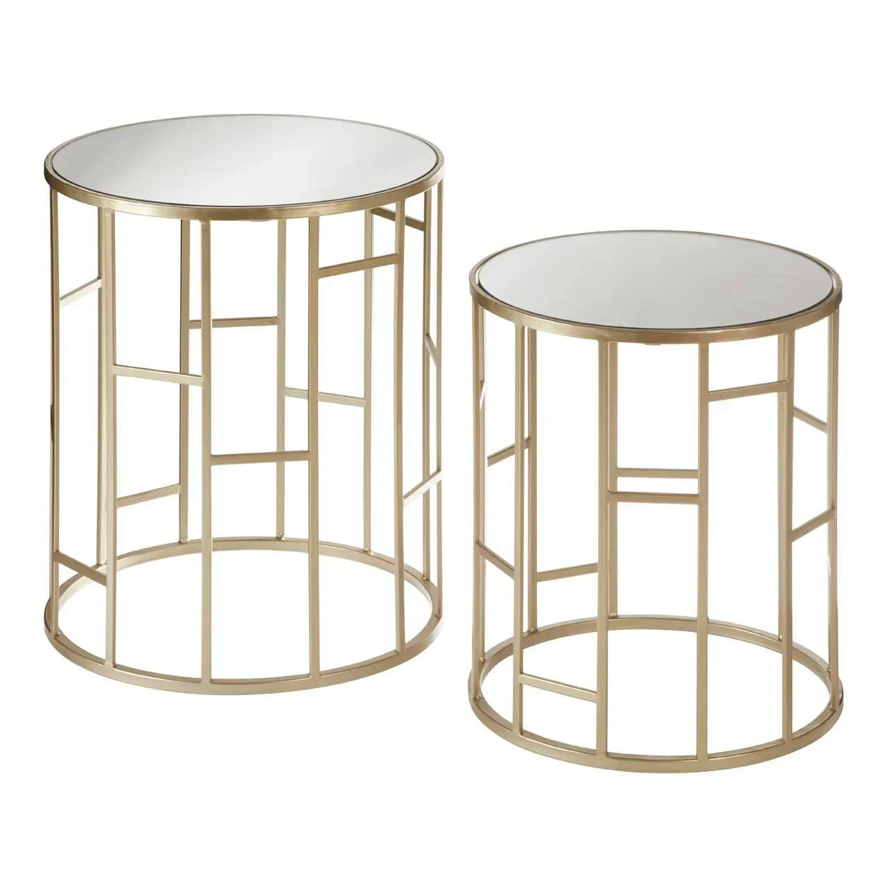 Gold metal nest of tables with round mirrored tops and geometric frame design