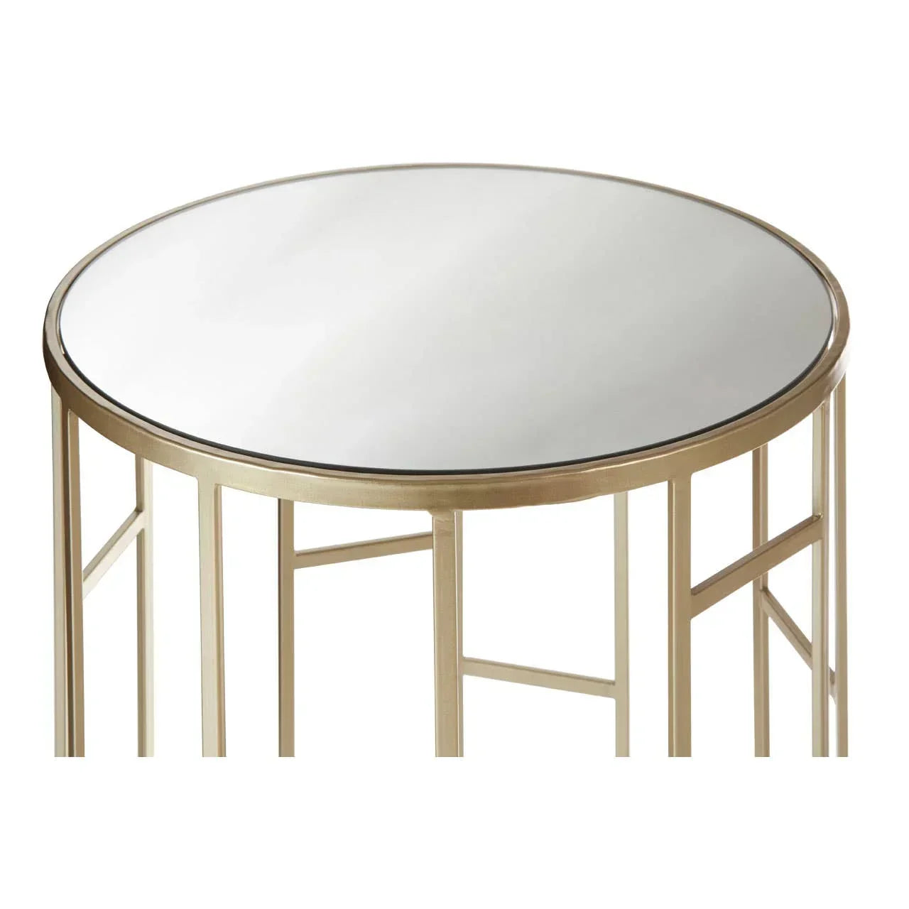 Round glass top side table with gold metal frame and geometric legs