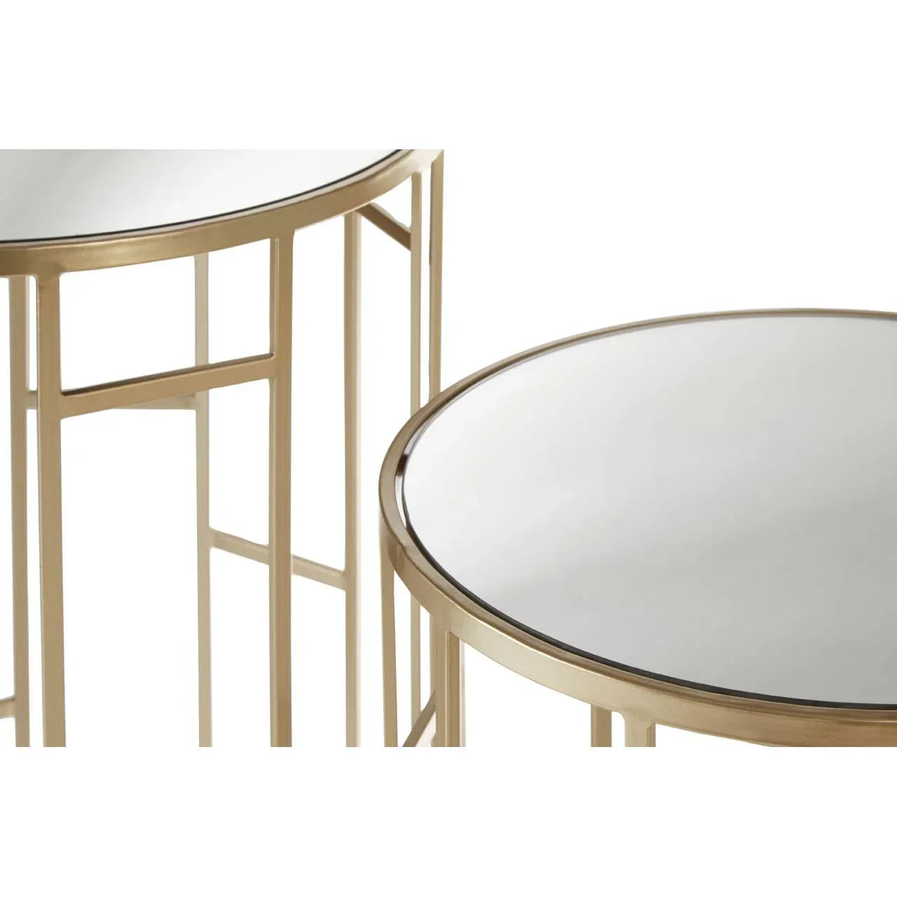 Round mirrored side tables with gold metal frames, close-up of tops and legs