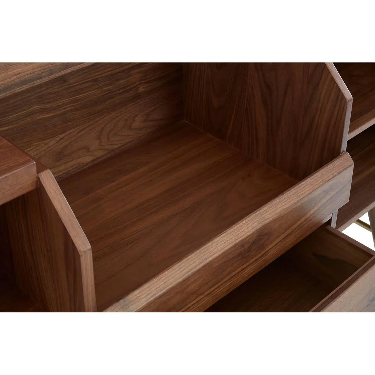 Walnut wood shelving unit with side dividers and visible grain detail