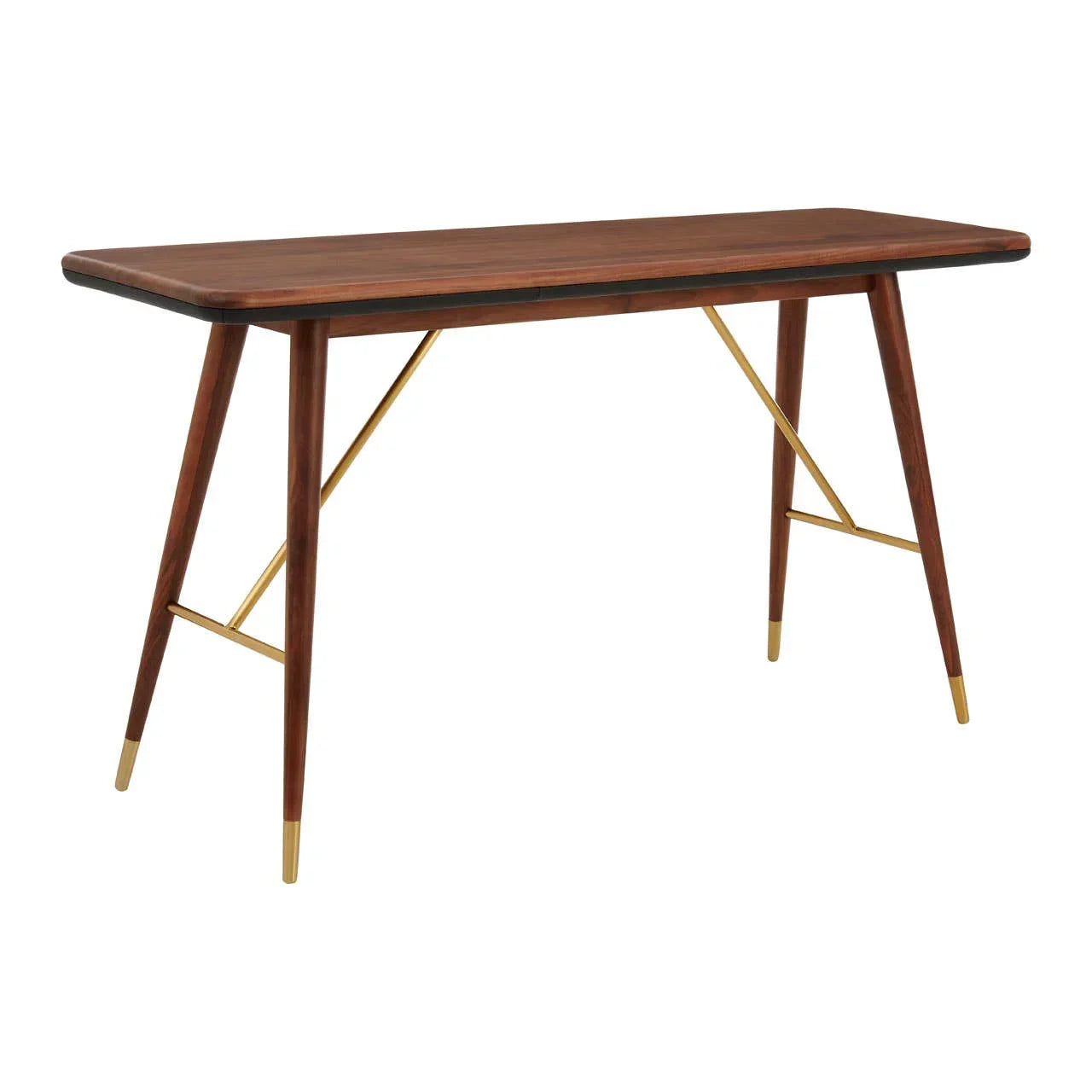 Rectangular wooden dining table with gold metal legs and angled supports, mid-century style