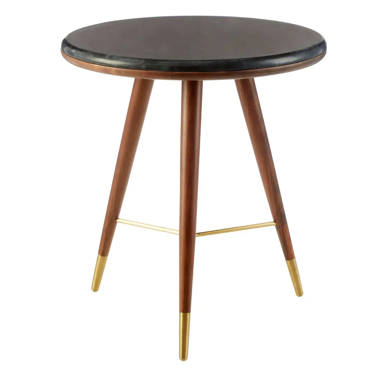 Round wooden side table with black top and gold metal leg accents