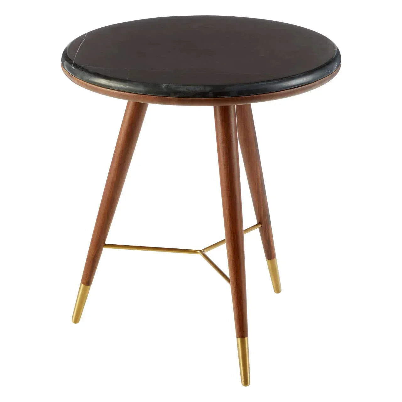 Round black marble top side table with wooden legs and gold metal accents