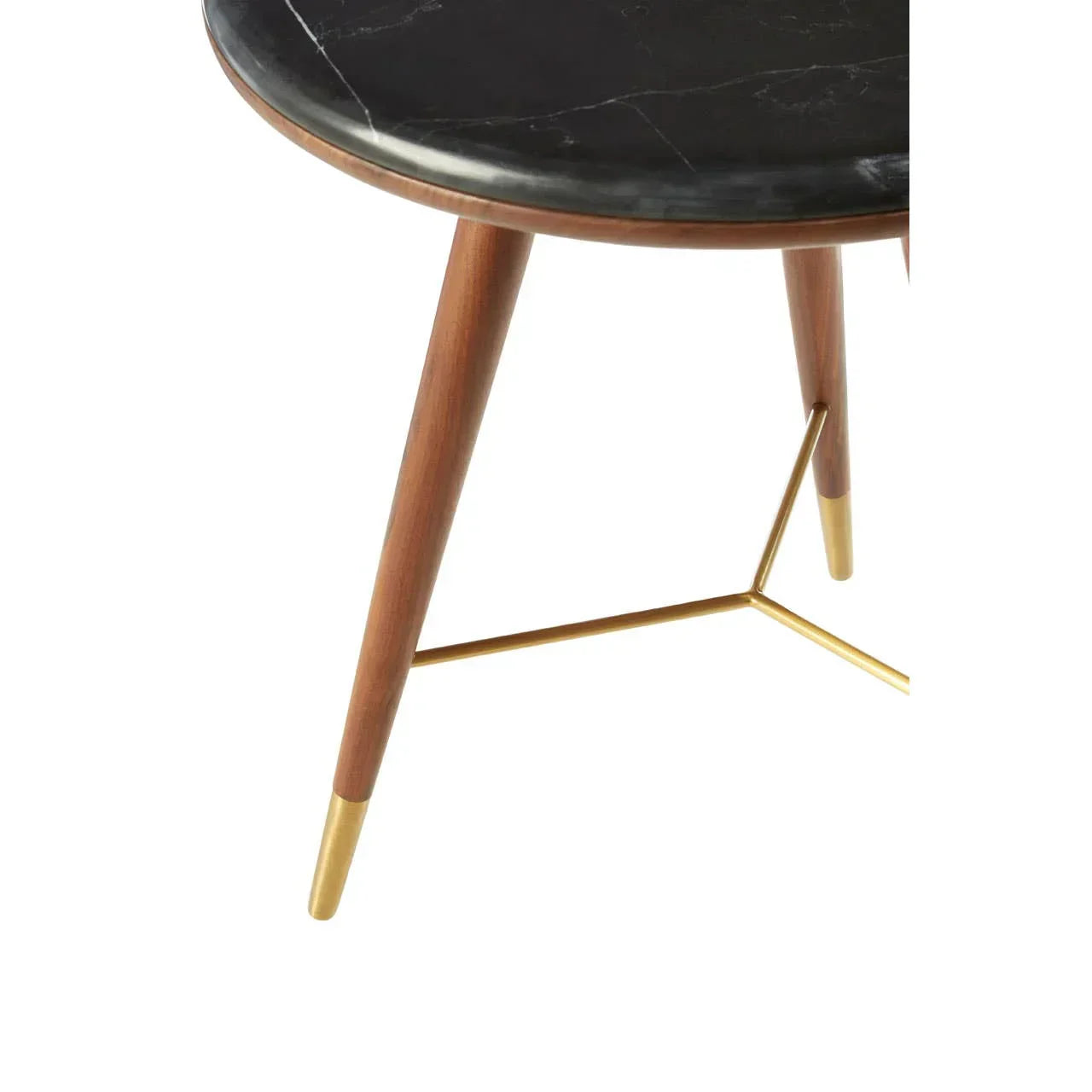 Round black marble side table with wooden legs and gold metal accents