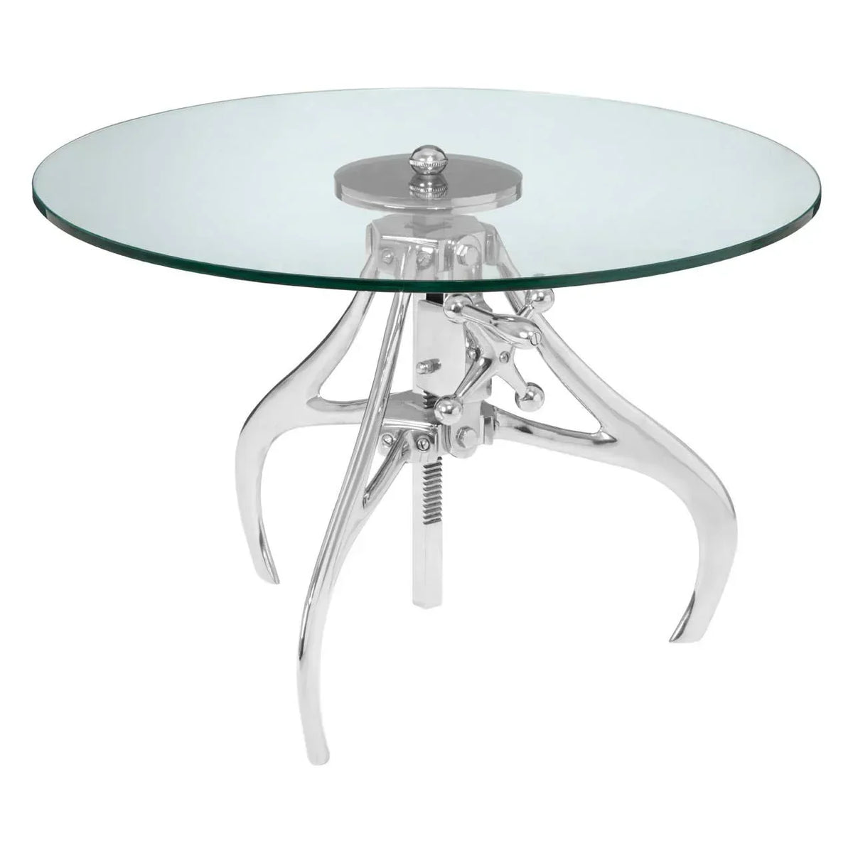 round glass top dining table with silver metal industrial style base