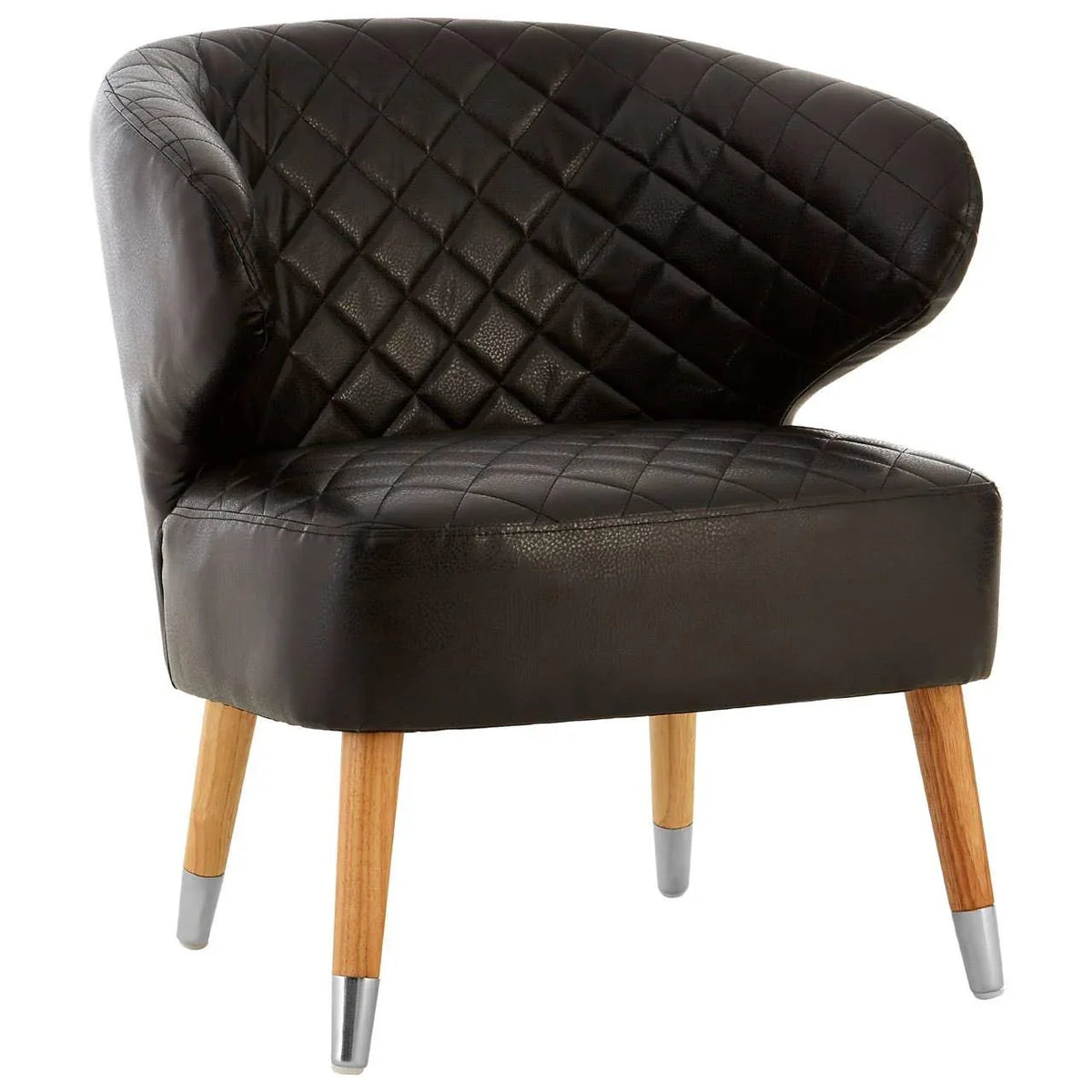 Dark brown leather accent chair with quilted backrest and wooden legs