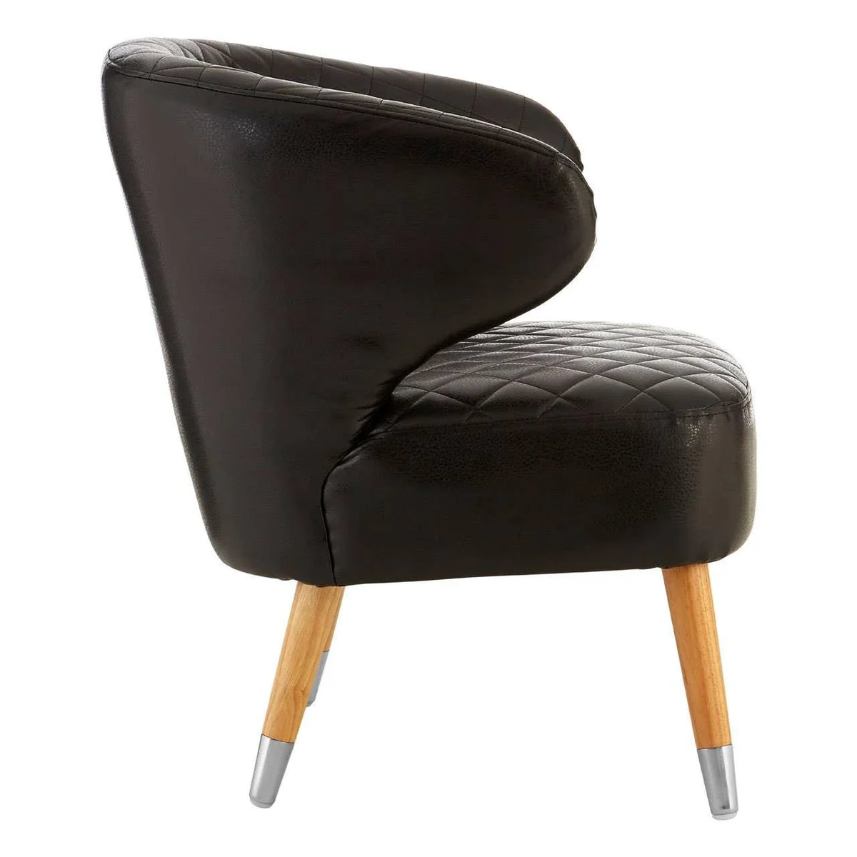 Black leather accent chair with quilted seat and angled wooden legs, side profile view