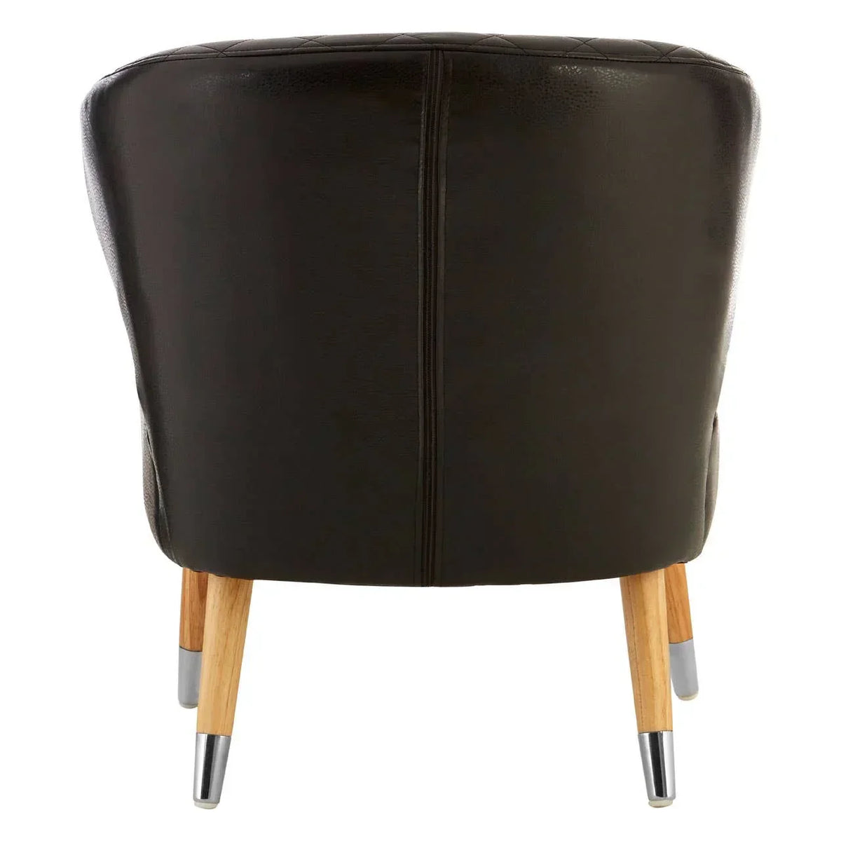 Dark leather accent chair rear view with wooden legs and chrome tips