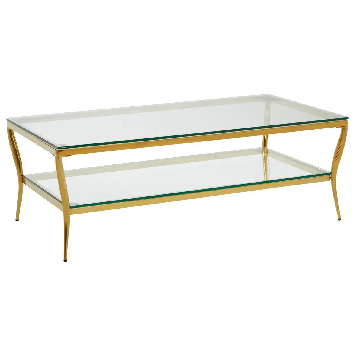Glass coffee table with gold frame and lower shelf, angled view