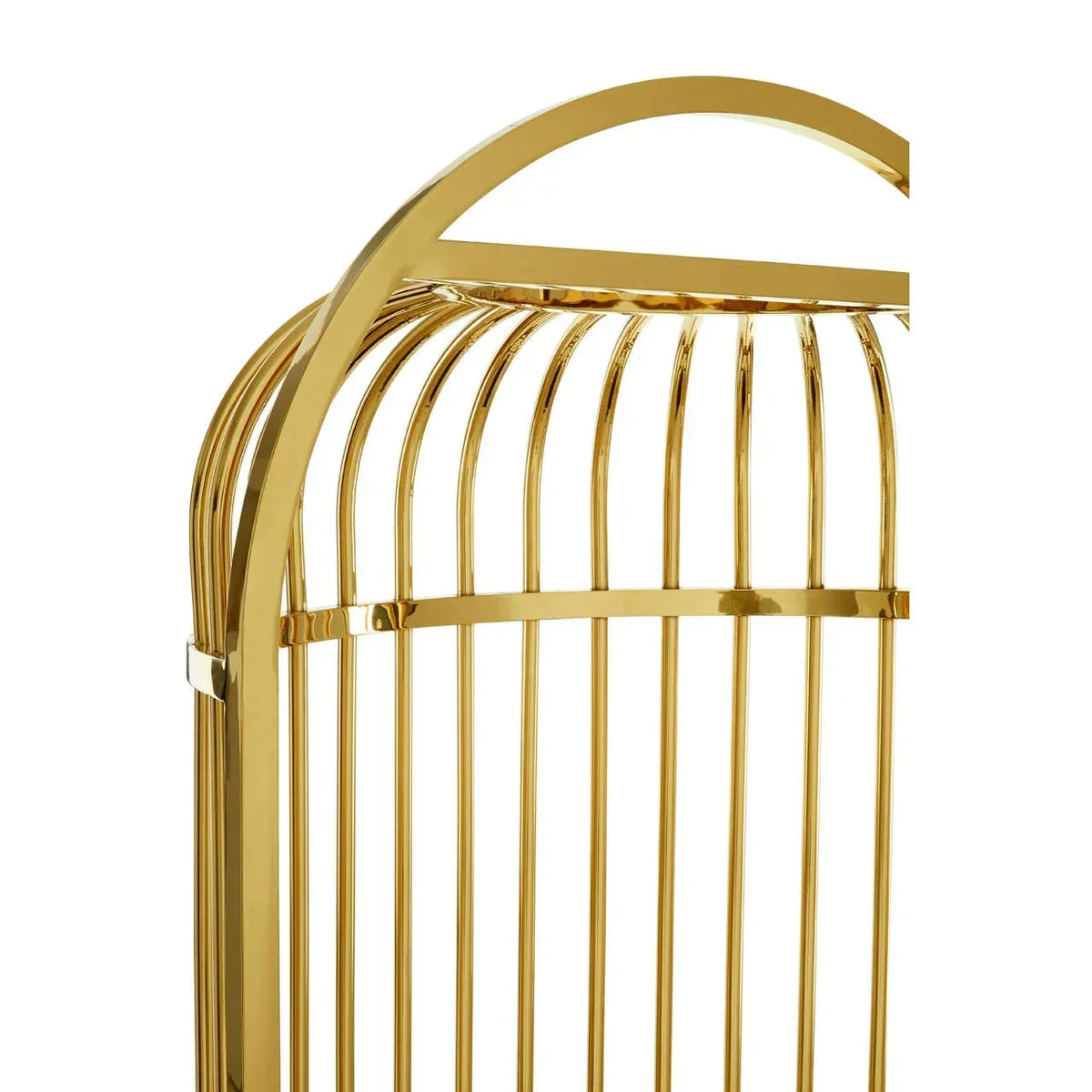 gold metal clothes rail with arched top and vertical bars, close-up side angle